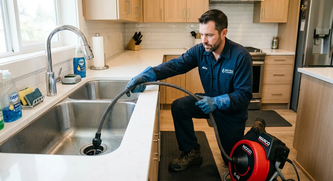 Drain cleaning technician using a motorized snake on a kitchen sink in Fruitport