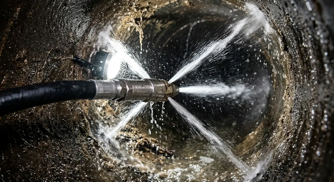 High-pressure hydro jetting nozzle cleaning sewer pipe for Emergency Drain Service in Fruitport