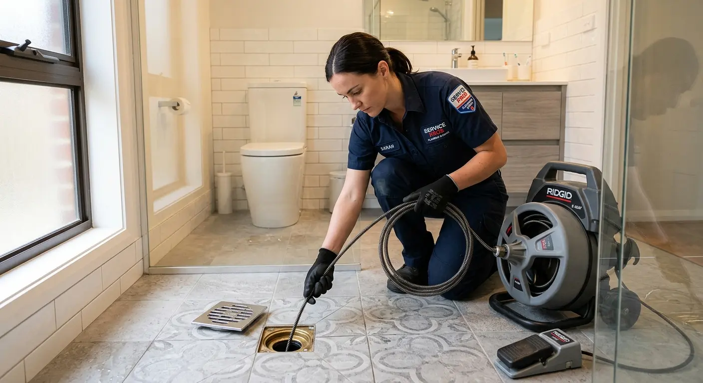 Technician clearing a bathroom floor drain for Drain Cleaning in Fruitport